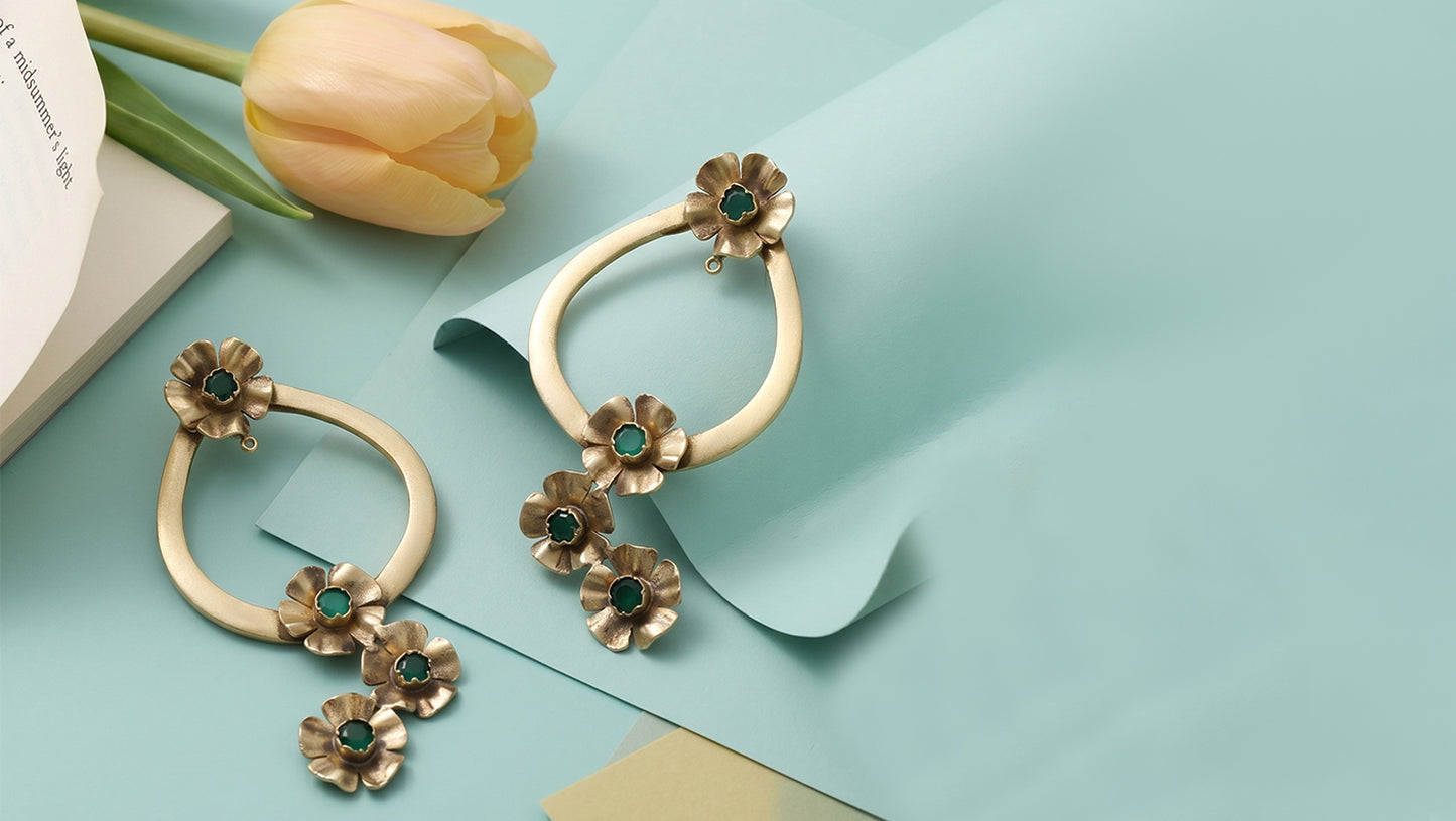 Sangeeta Boochra Green Stone Floral Statement Earrings