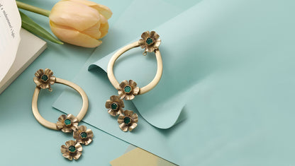 Sangeeta Boochra Green Stone Floral Statement Earrings