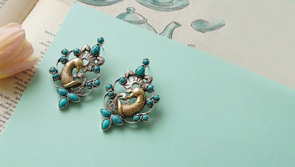 Sangeeta Boochra Peacock Motif Dual-Plated Silver Earrings with Turquoise Stone