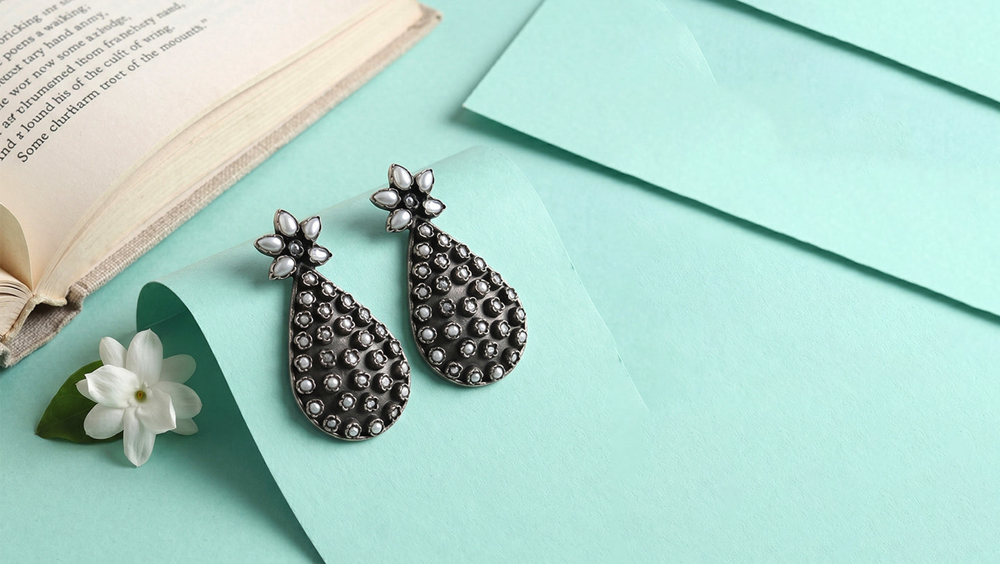 Sangeeta Boochra Floral Pearl Oxidised Statement Earrings