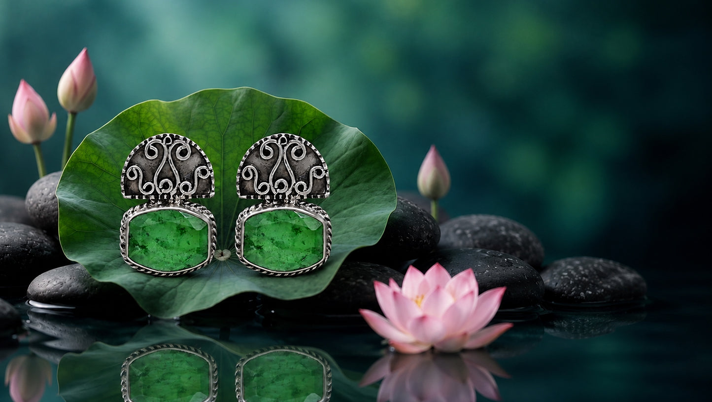 Sangeeta Boochra Artisan Sterling Silver Green Quartz Earrings