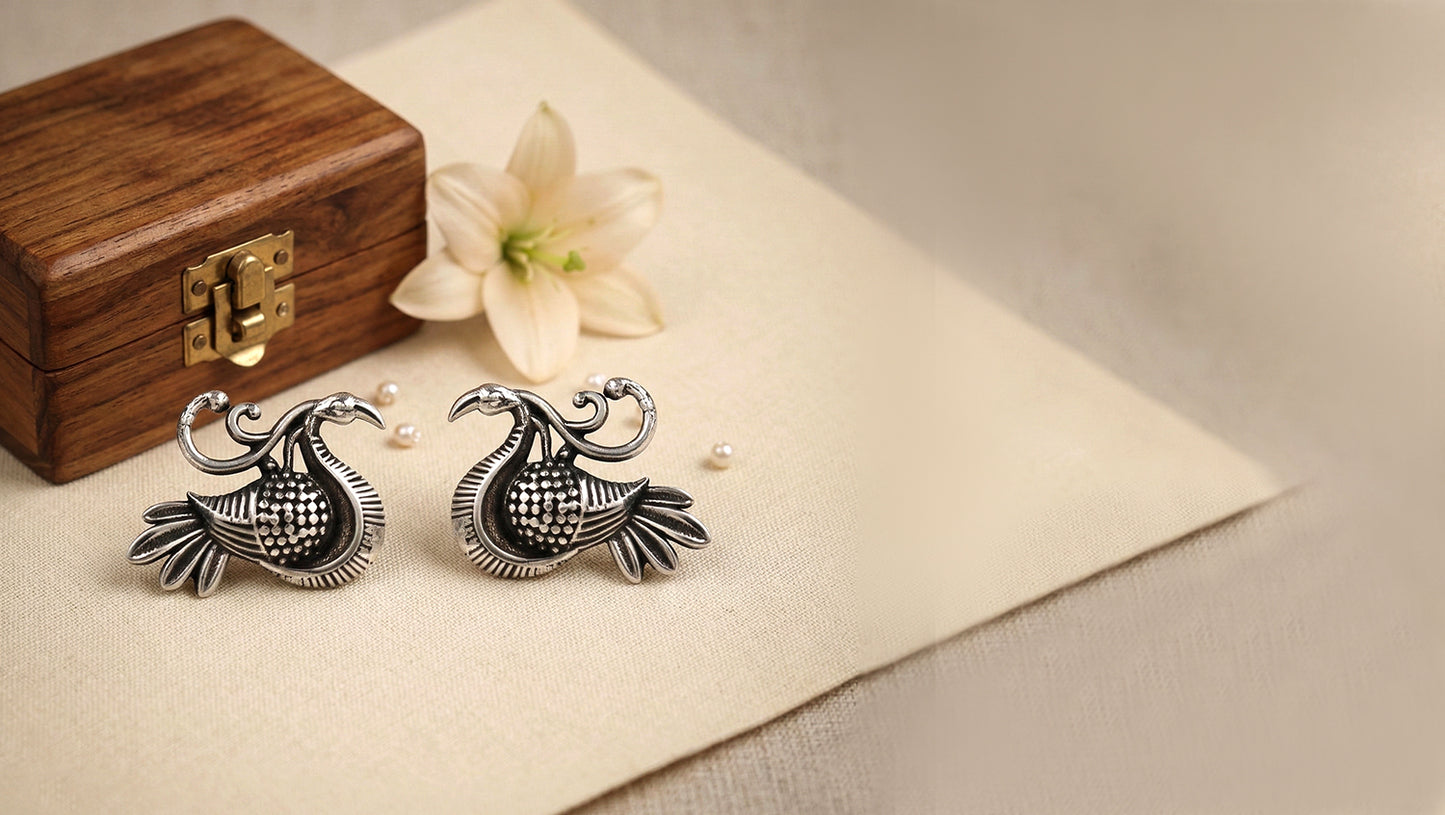 Sangeeta Boochra Artisan Peacock Motif Oxidised Silver Earrings