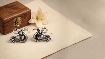 Sangeeta Boochra Artisan Peacock Motif Oxidised Silver Earrings