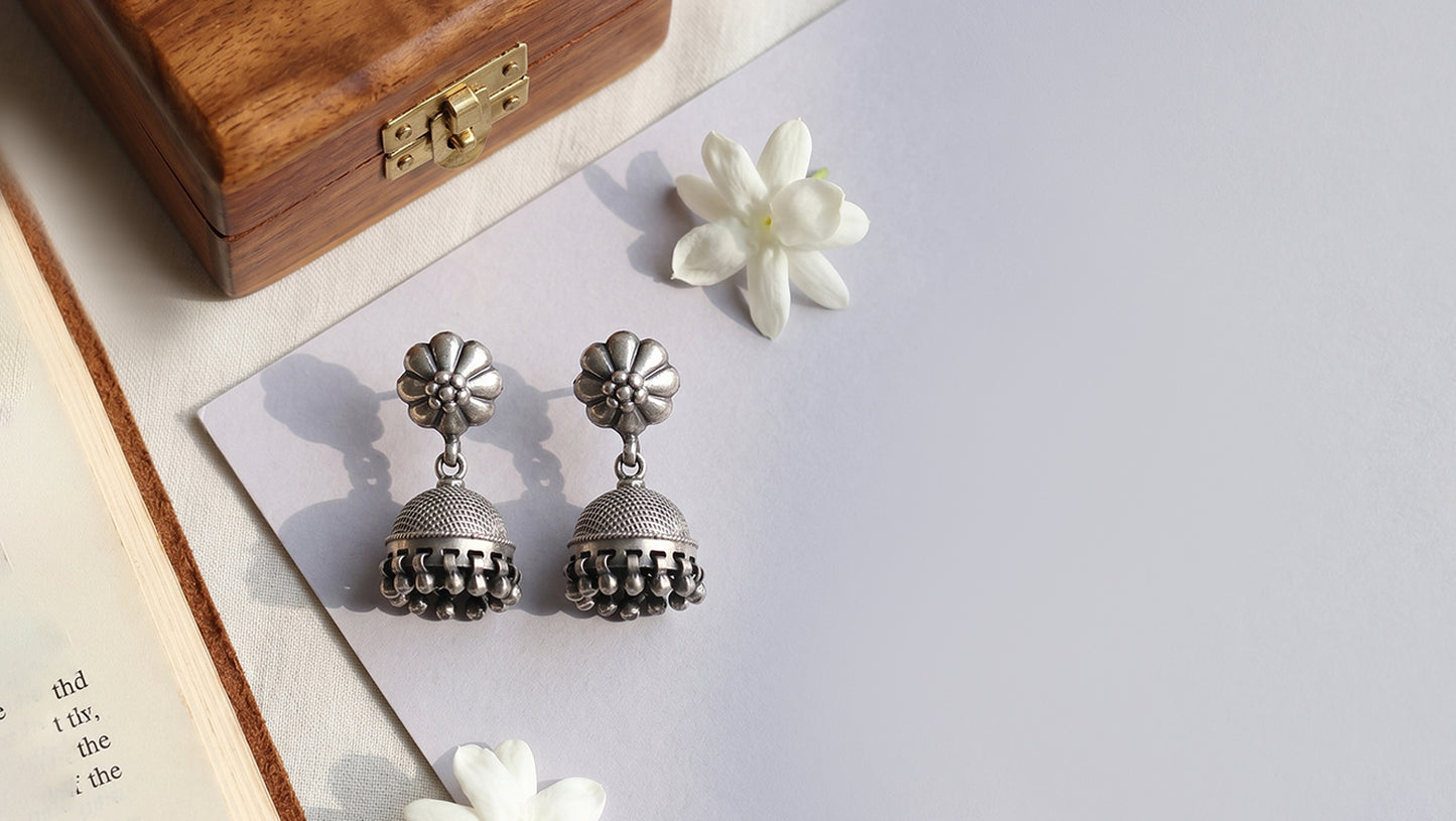Sangeeta Boochra Vintage Bloom Silver Jhumka Earrings