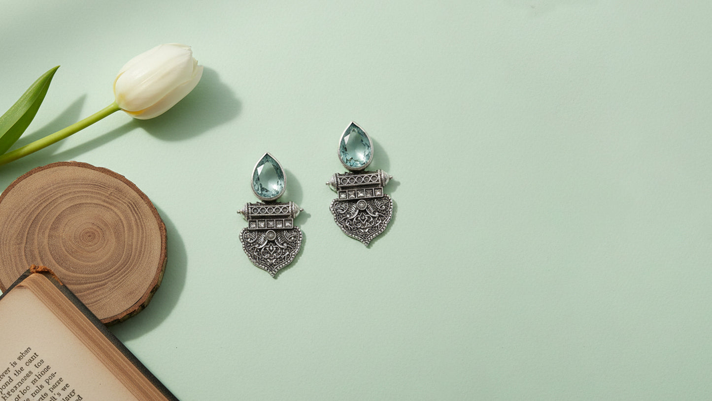 Sangeeta Boochra Vintage Style Silver Aqua Statement Earrings