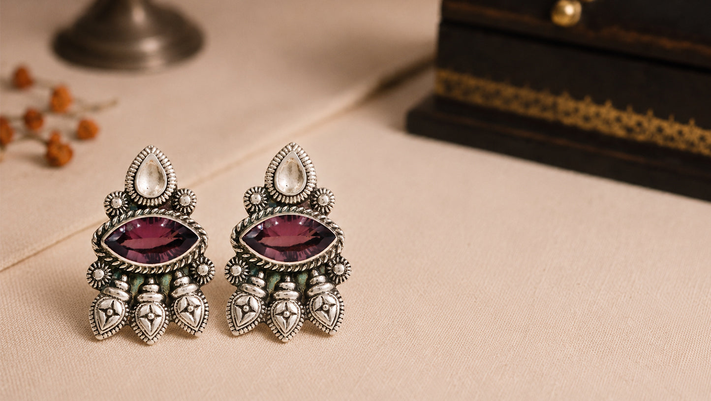 Sangeeta Boochra Vintage Oxidised Silver Tribal Stud Earrings