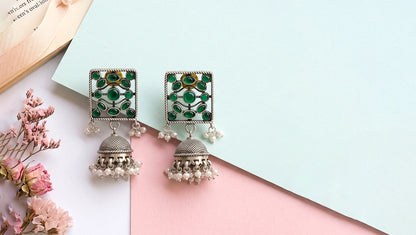 Sangeeta Boochra Traditional Green Stone Silver Jhumkas