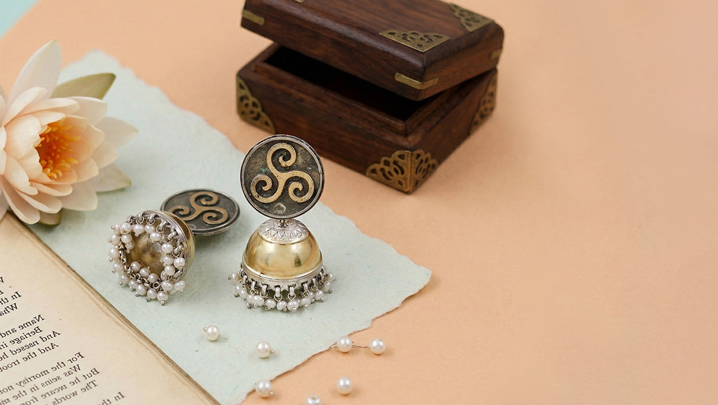 Sangeeta Boochra Antique Dual Tone Silver-Gold Jhumkas