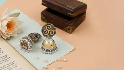 Sangeeta Boochra Antique Dual Tone Silver-Gold Jhumkas