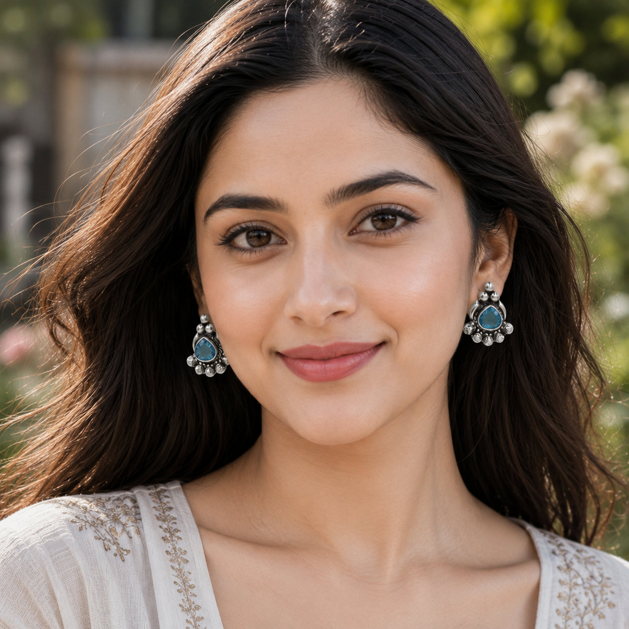 Oxidised Silver Stud Earrings with Sky Blue Teardrop Stone – Sangeeta Boochra