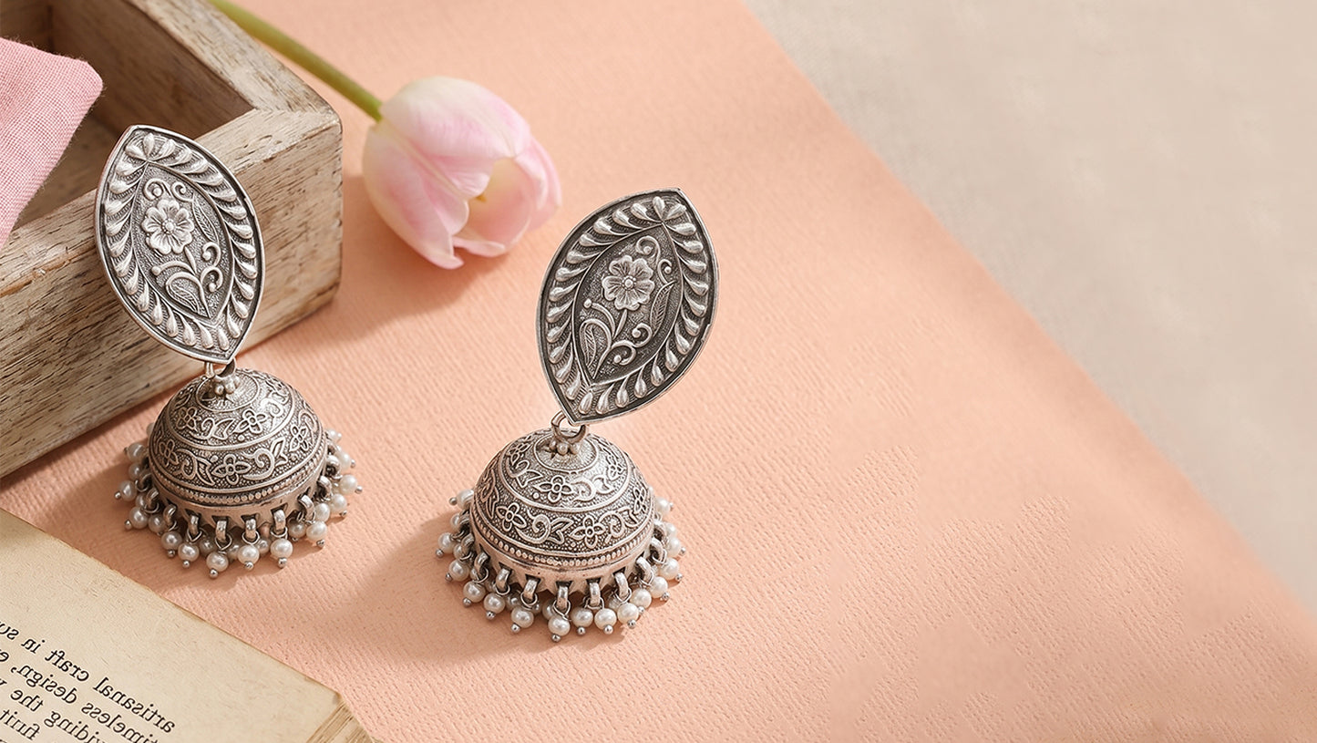 Sangeeta Boochra Handcrafted Floral Motif Silver Jhumki Earrings
