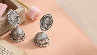Sangeeta Boochra Handcrafted Floral Motif Silver Jhumki Earrings