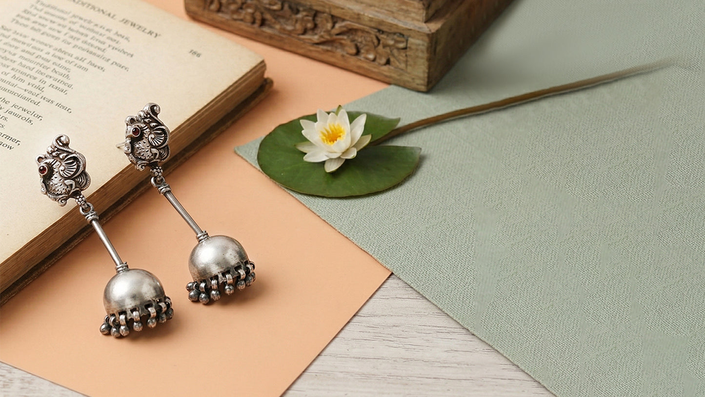 Sangeeta Boochra Oxidised Silver Peacock Motif Jhumka Earrings
