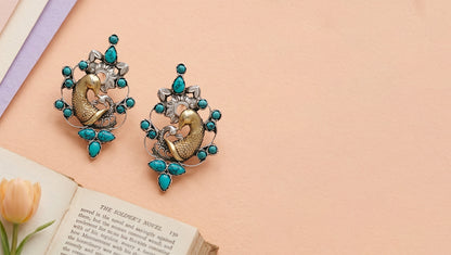 Sangeeta Boochra Dual-Tone Turquoise Peacock Silver Earrings