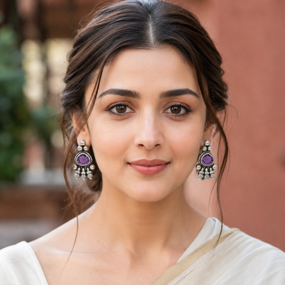 Oxidised Silver Stud Earrings with Purple Teardrop Stone – Sangeeta Boochra