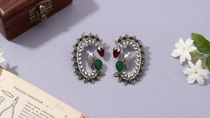 Sangeeta Boochra Handcrafted Bird Motif Oxidised Silver Statement Earrings with Green Stones