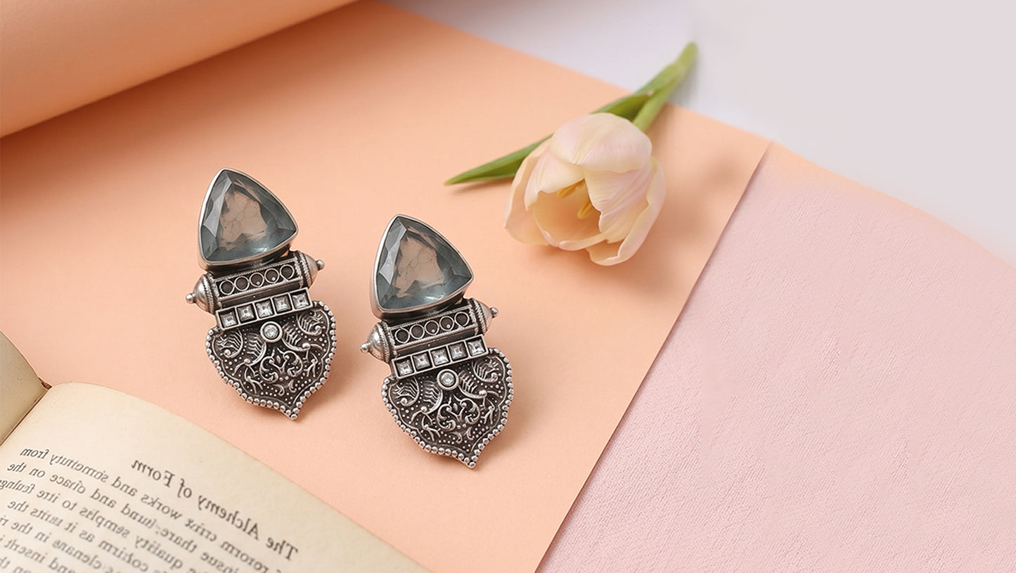 Sangeeta Boochra Contemporary Oxidised Silver Engraved Earrings