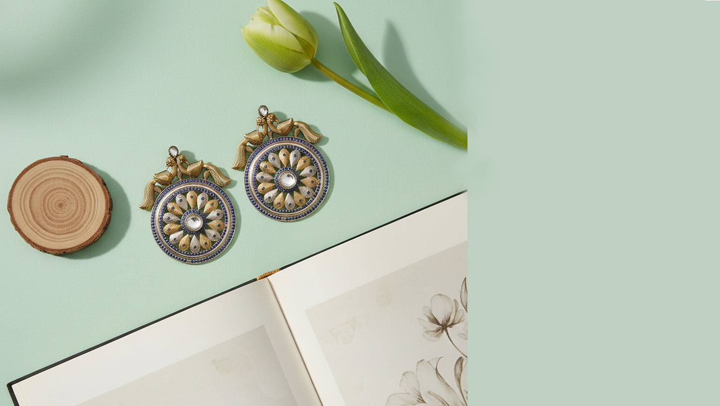 Sangeeta Boochra Dual-Tone Silver Statement Earrings with Blue Accents
