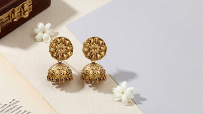 Sangeeta Boochra Floral Motif Gold Plated Jhumka Earrings