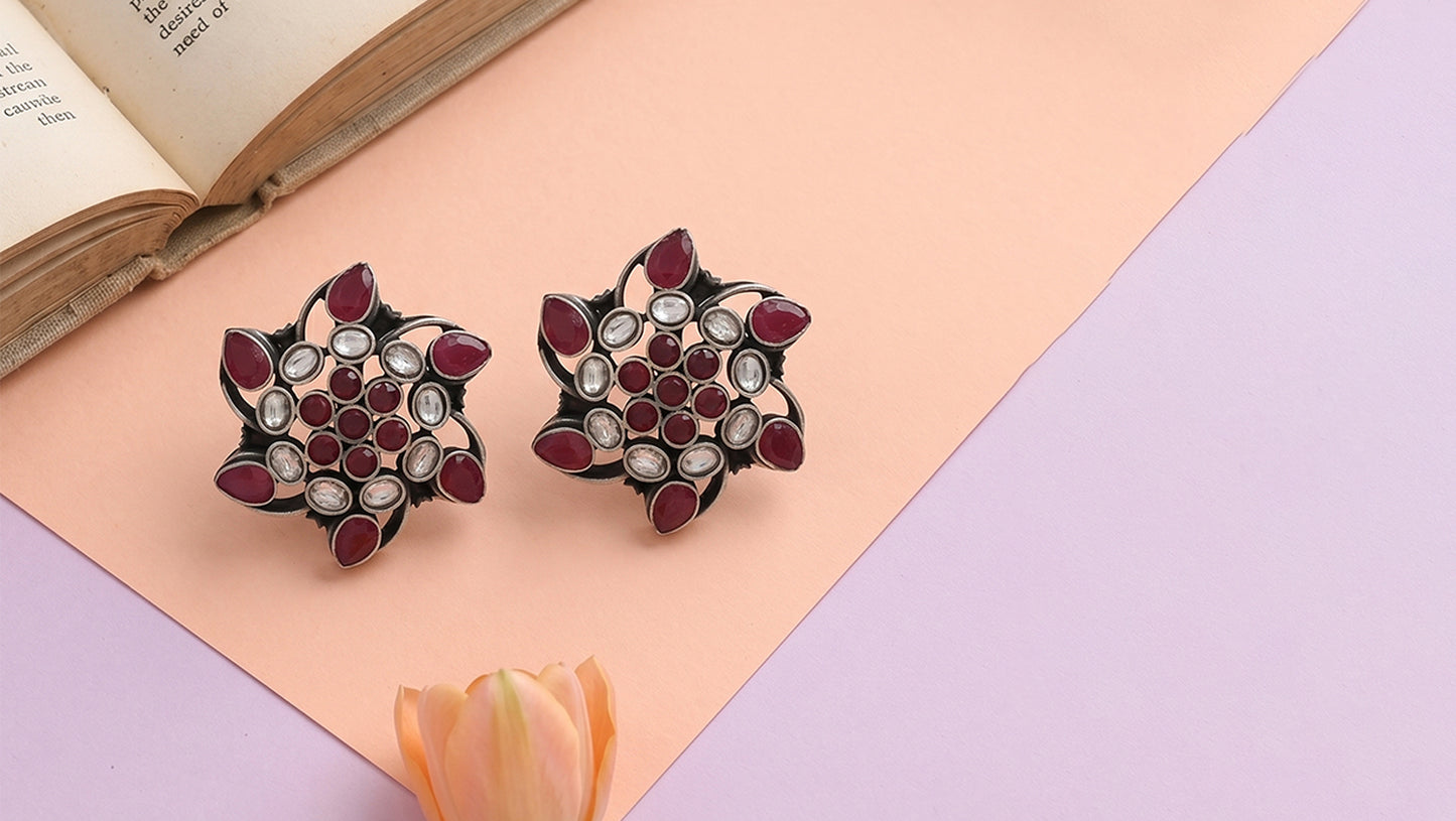 Sangeeta Boochra Kundan Silver Floral Stud Earrings