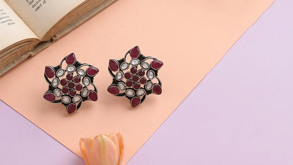 Sangeeta Boochra Kundan Silver Floral Stud Earrings