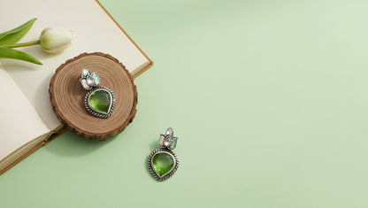 Sangeeta Boochra Handcrafted Oxidised Silver Floral Green Drop Earrings