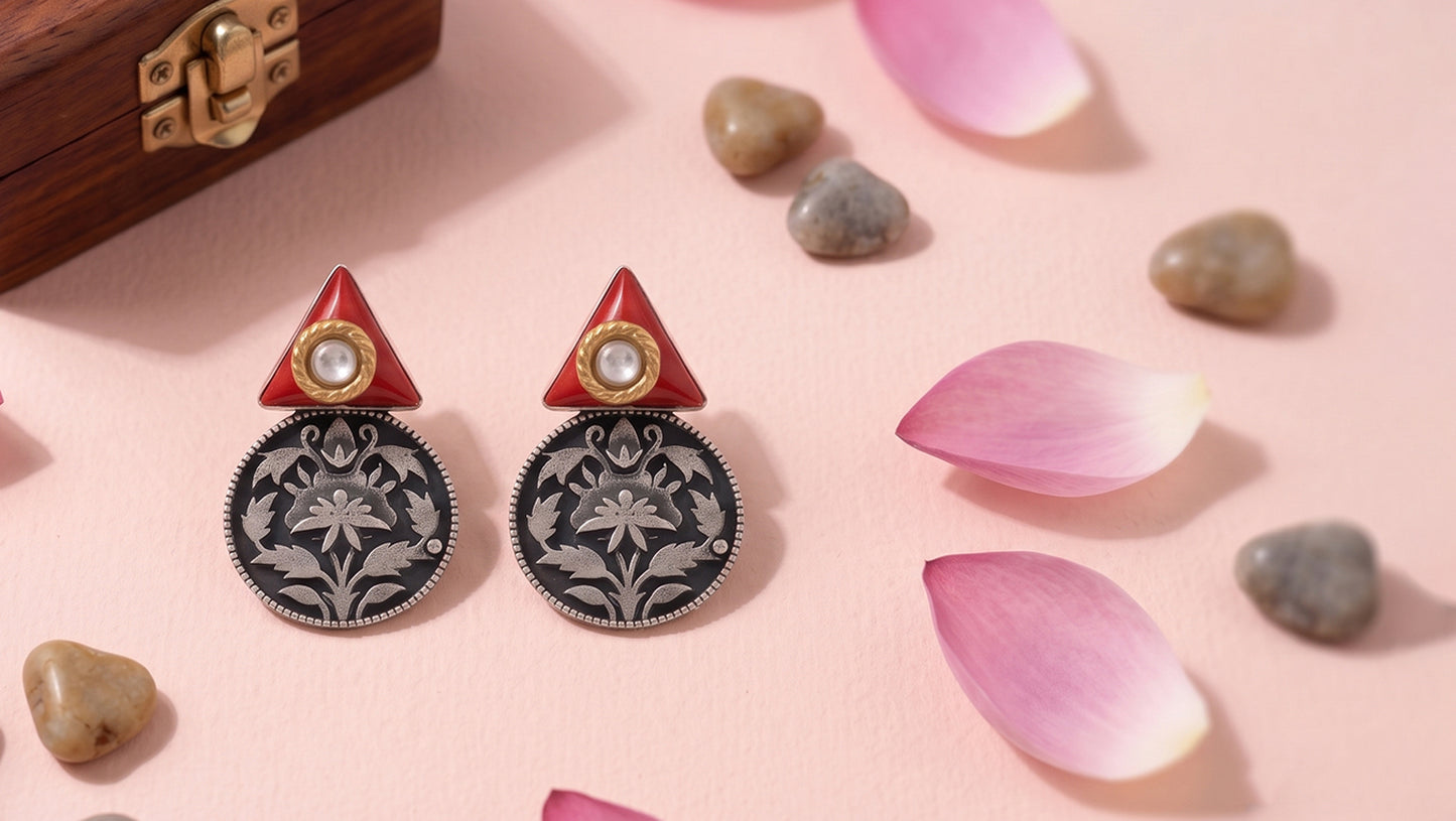 Sangeeta Boochra Heritage Floral Oxidised Silver Statement Earrings