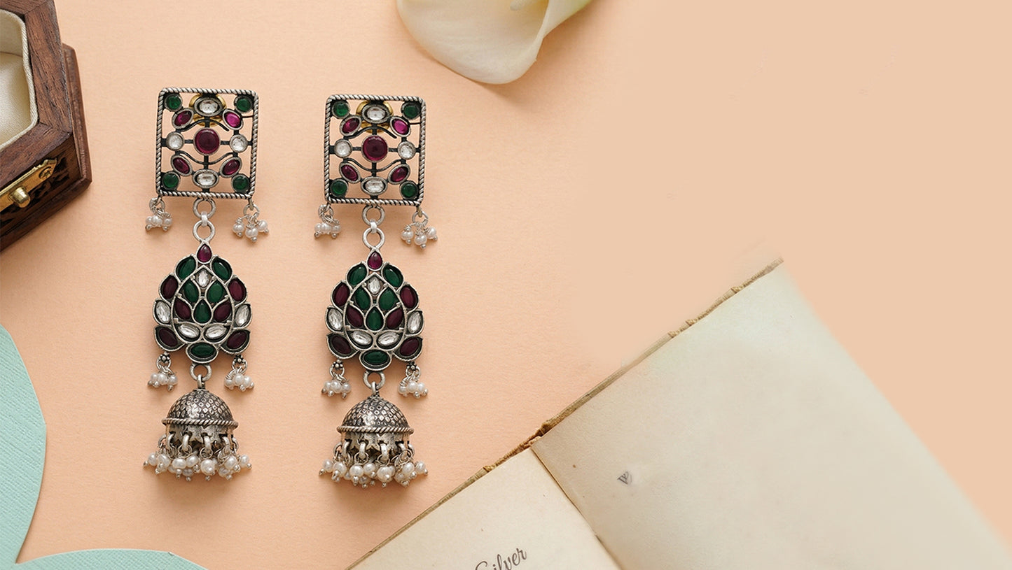 Sangeeta Boochra Heritage Kundan Silver Drop Earrings in Green & Ruby Tones