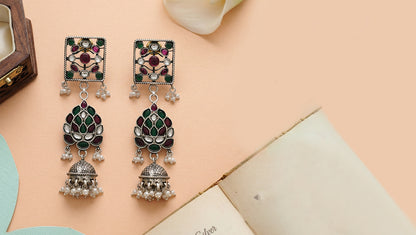 Sangeeta Boochra Heritage Kundan Silver Drop Earrings in Green & Ruby Tones