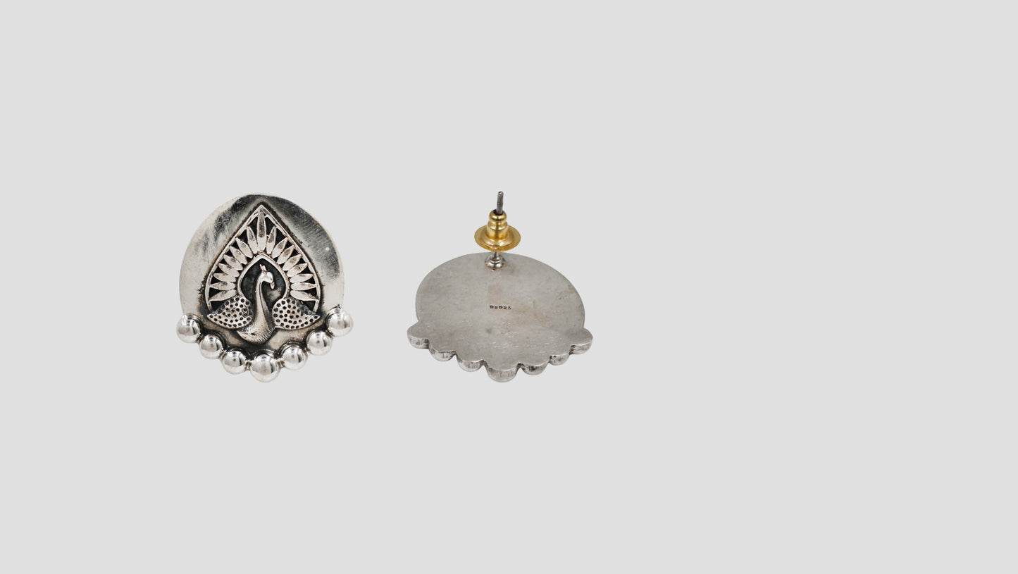 Sangeeta Boochra Peacock Motif Oxidised Silver Statement Earrings