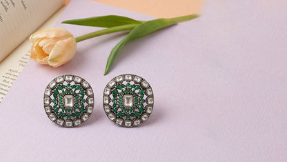 Sangeeta Boochra Classic Kundan Statement Earrings with Green Highlights