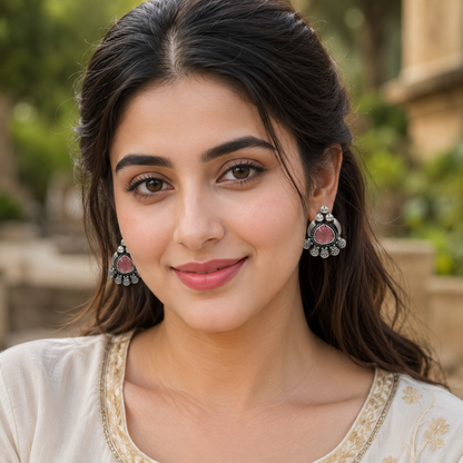 Oxidised Silver Floral Stud Earrings with Pink Stone – Sangeeta Boochra