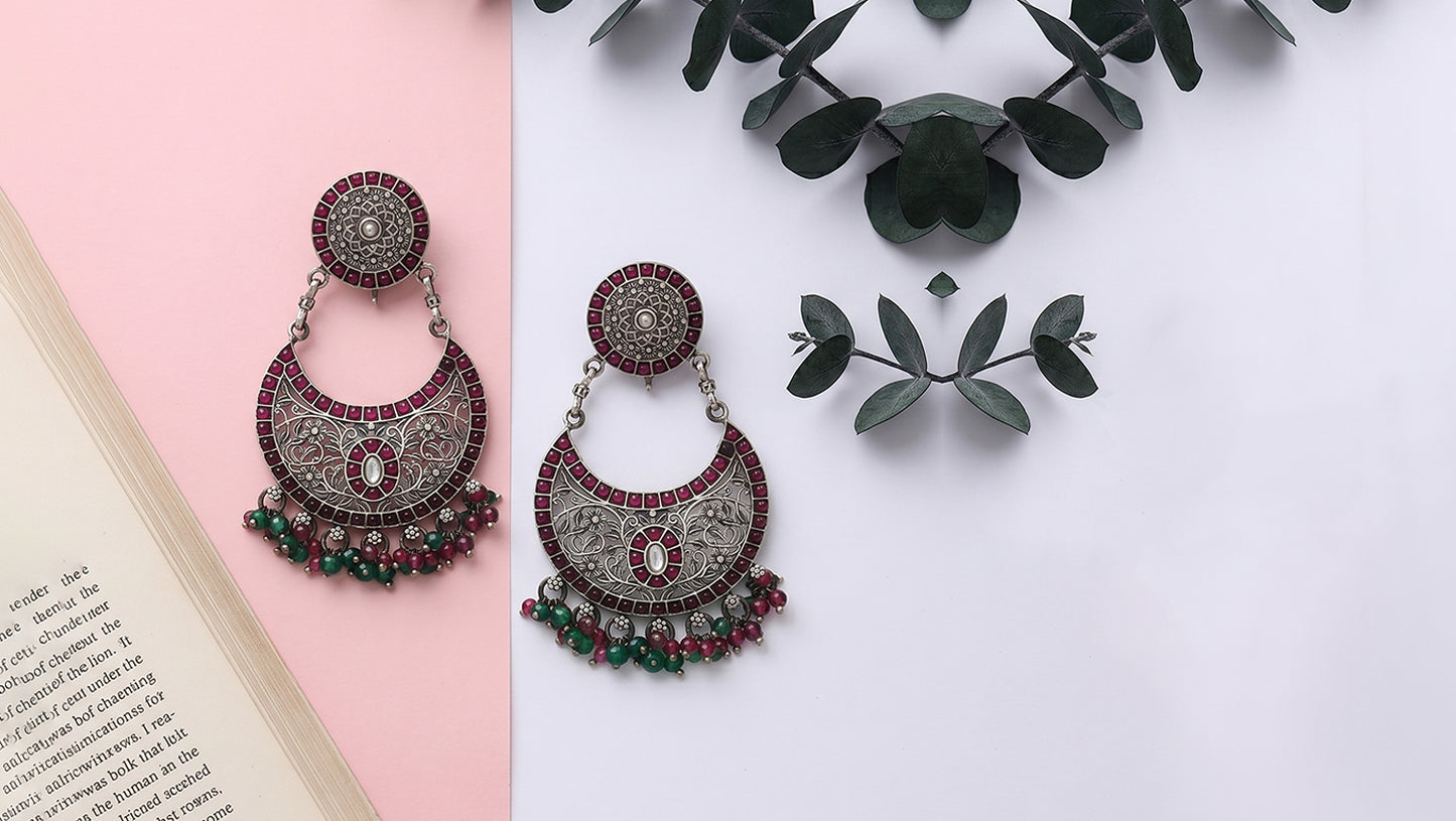 Sangeeta Boochra Oxidised Silver Kundan Chandbali Earrings
