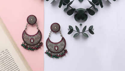 Sangeeta Boochra Oxidised Silver Kundan Chandbali Earrings