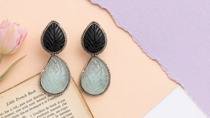 Sangeeta Boochra Handcrafted Silver Earrings with Black & Aqua Stones