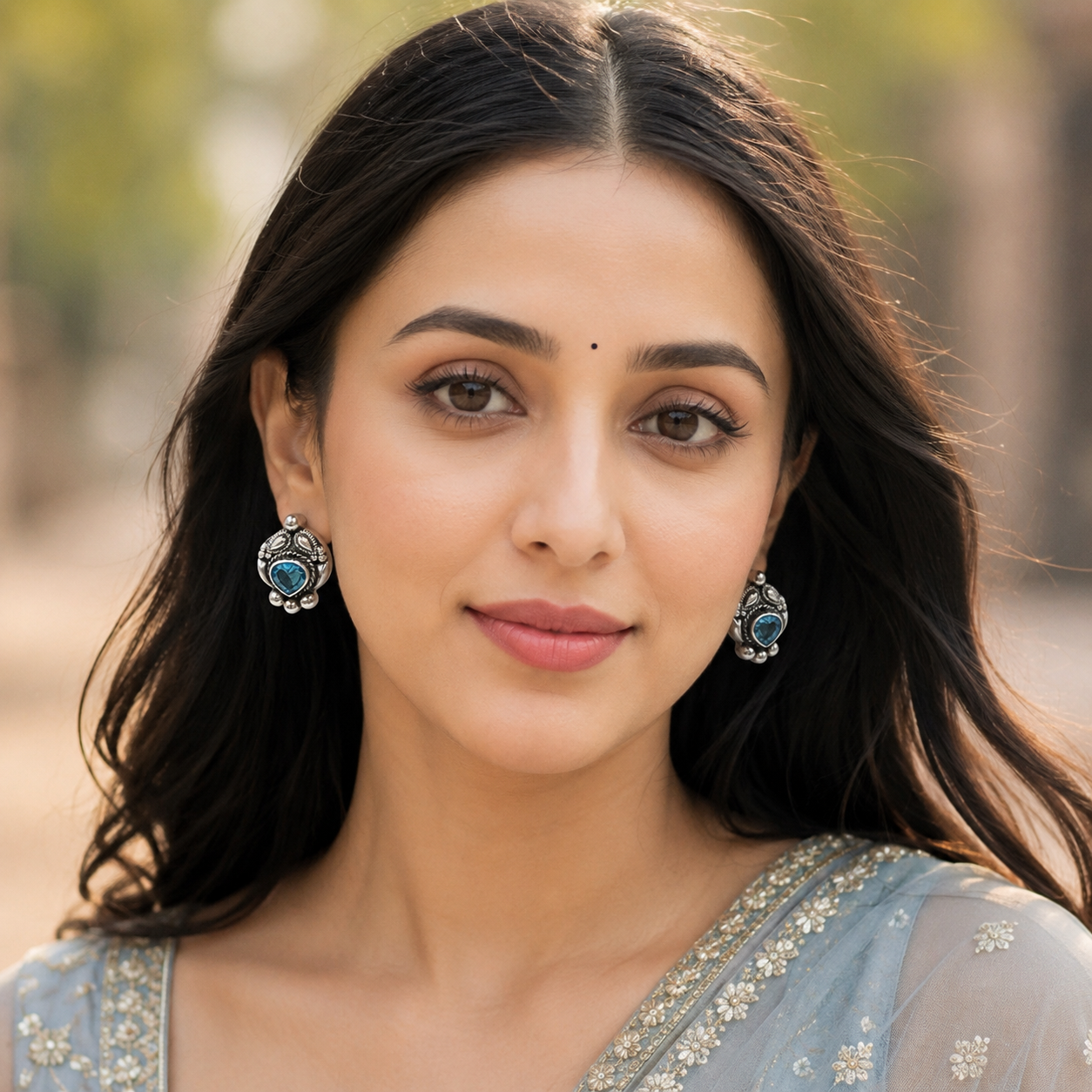 Heritage Sky Blue Heart Stone Oxidised Silver Studs | Sangeeta Boochra