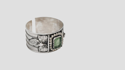 Sangeeta Boochra Artisan Oxidised Silver Cuff with Green Center Stone