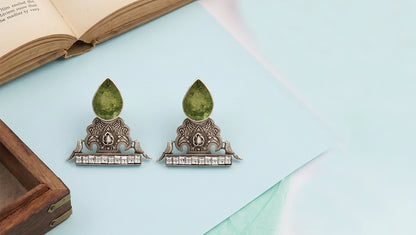 Sangeeta Boochra Handcrafted Oxidised Silver Earrings with Green Gemstone