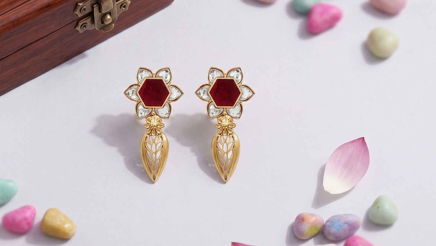 Sangeeta Boochra Gold Plated Silver Floral Statement Earrings with Kundan Detailing