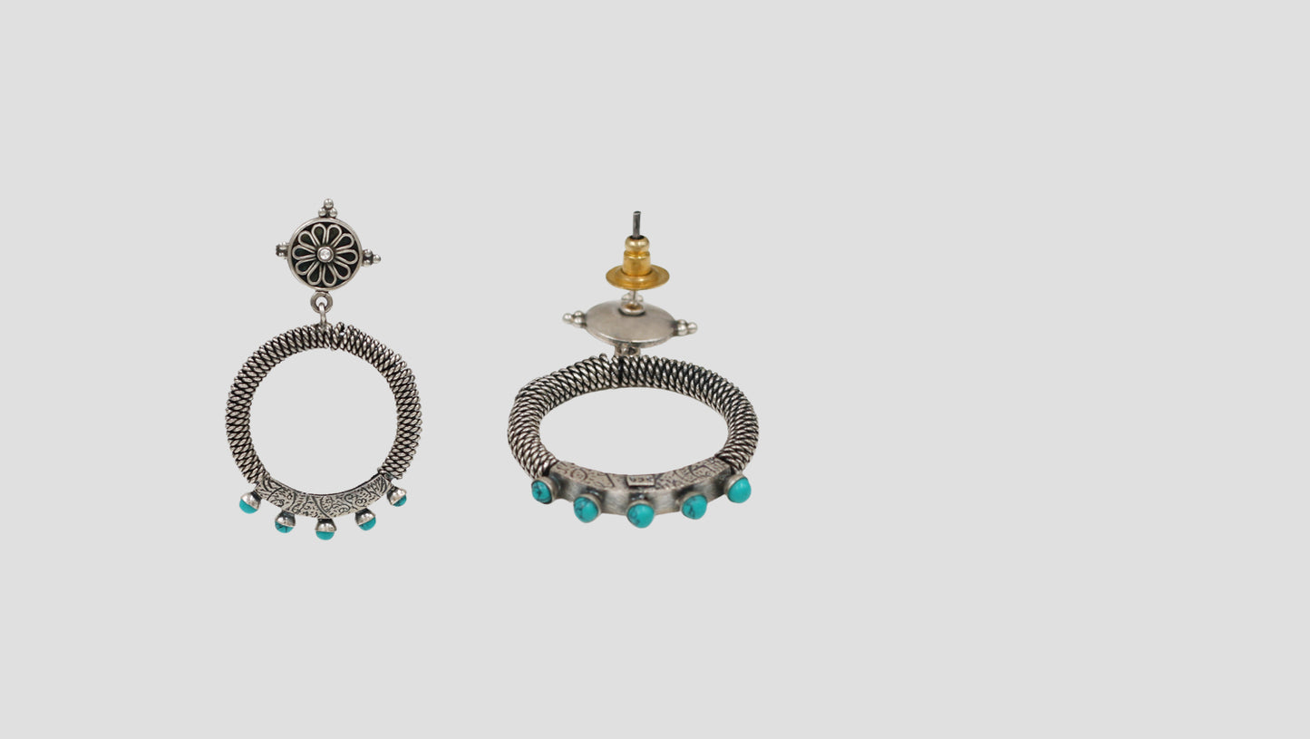 Turquoise Accent Silver Hoop Earrings by Sangeeta Boochra
