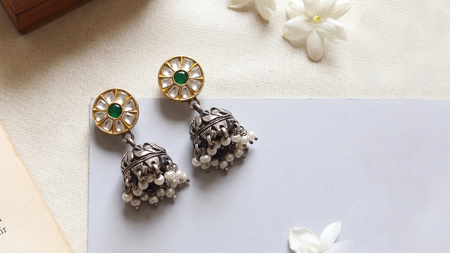 Sangeeta Boochra Dual Tone Kundan Pearl Jhumka Earrings