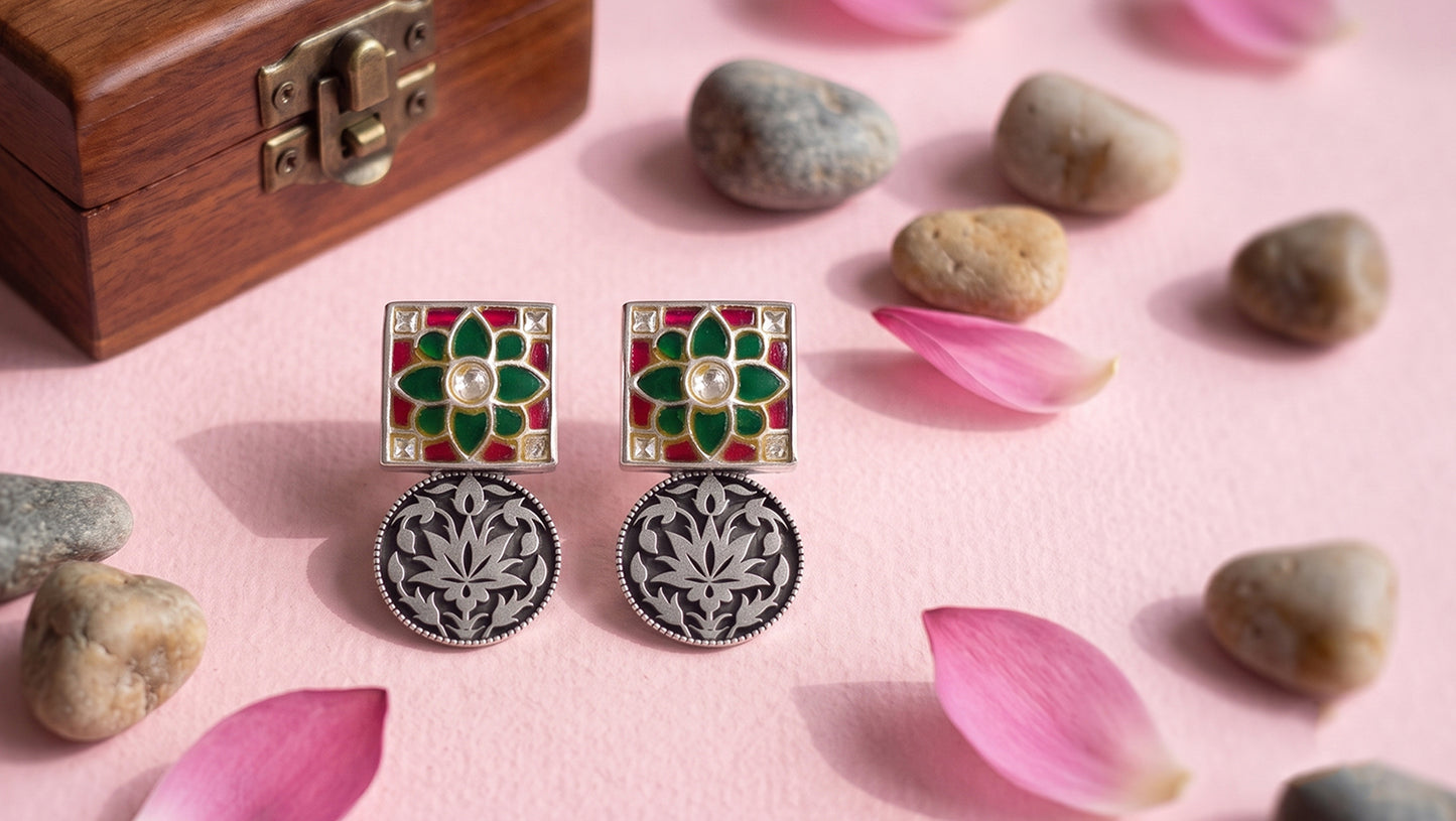 Sangeeta Boochra Handcrafted Kundan Statement Silver Earrings