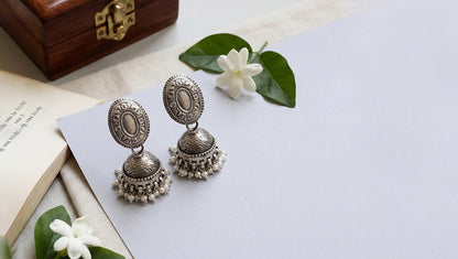 Sangeeta Boochra Handcrafted Oxidised Silver Pearl Jhumka Earrings