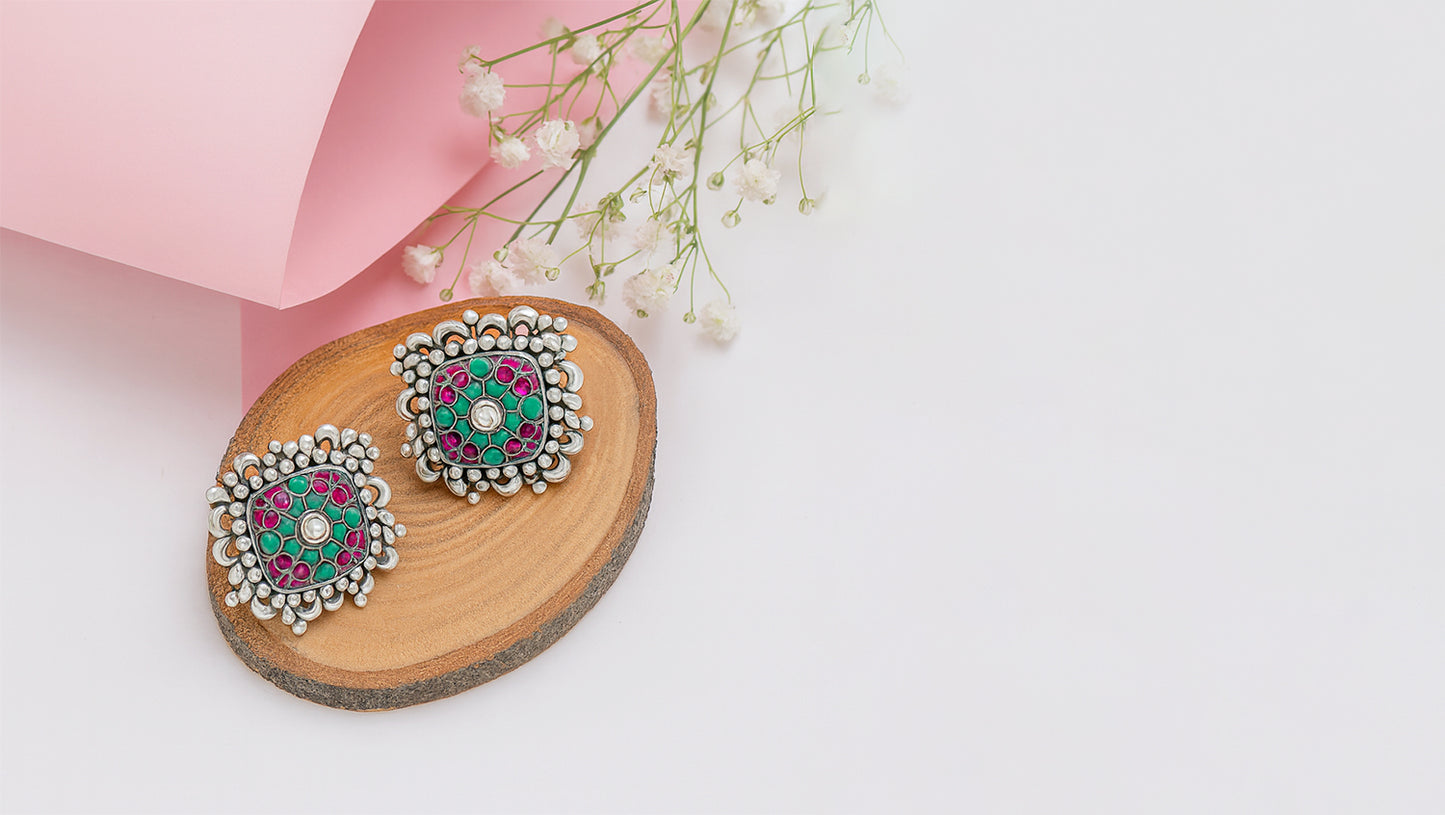 Sangeeta Boochra Antique Silver Enamel Floral Earrings