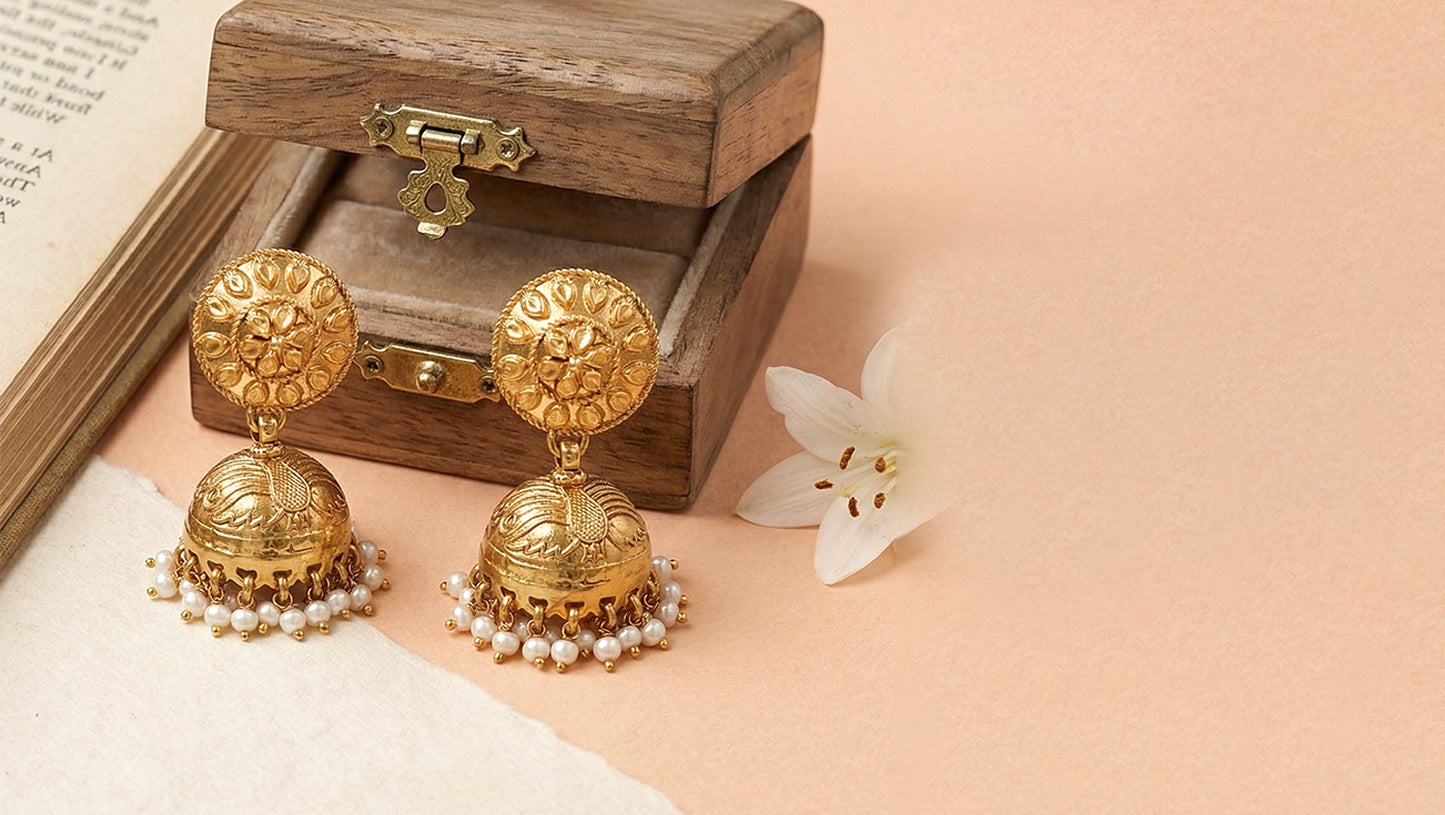 Sangeeta Boochra Traditional Floral Motif Gold-Plated Jhumka Earrings