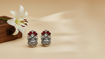 Sangeeta Boochra Red Kundan Floral Oxidised Silver Earrings