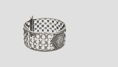 Sangeeta Boochra Oxidised Silver Hexagon Floral Statement Bangle