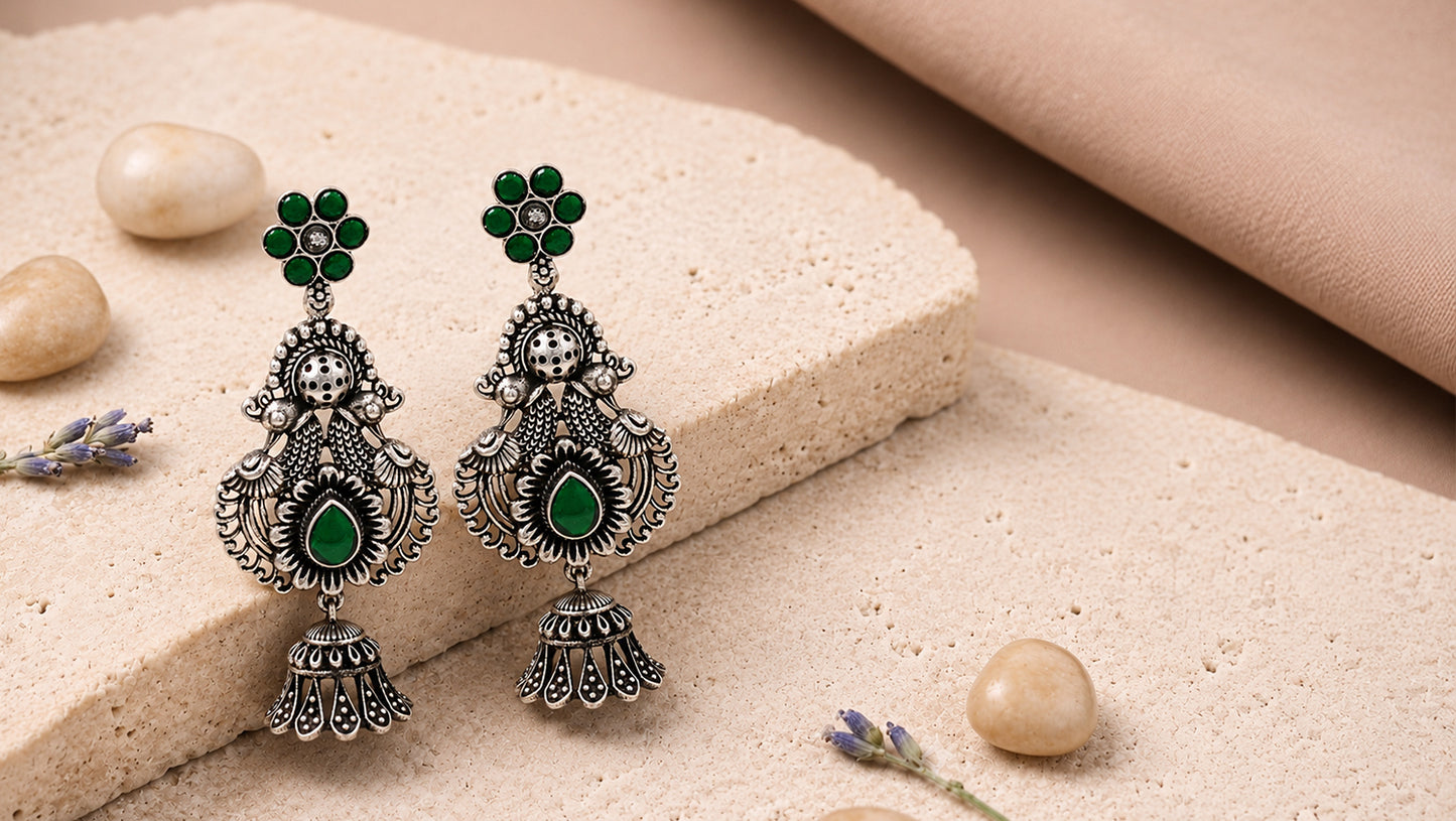Sangeeta Boochra Peacock Motif Sterling Silver Earrings with Green Kundan & Jhumki Drop