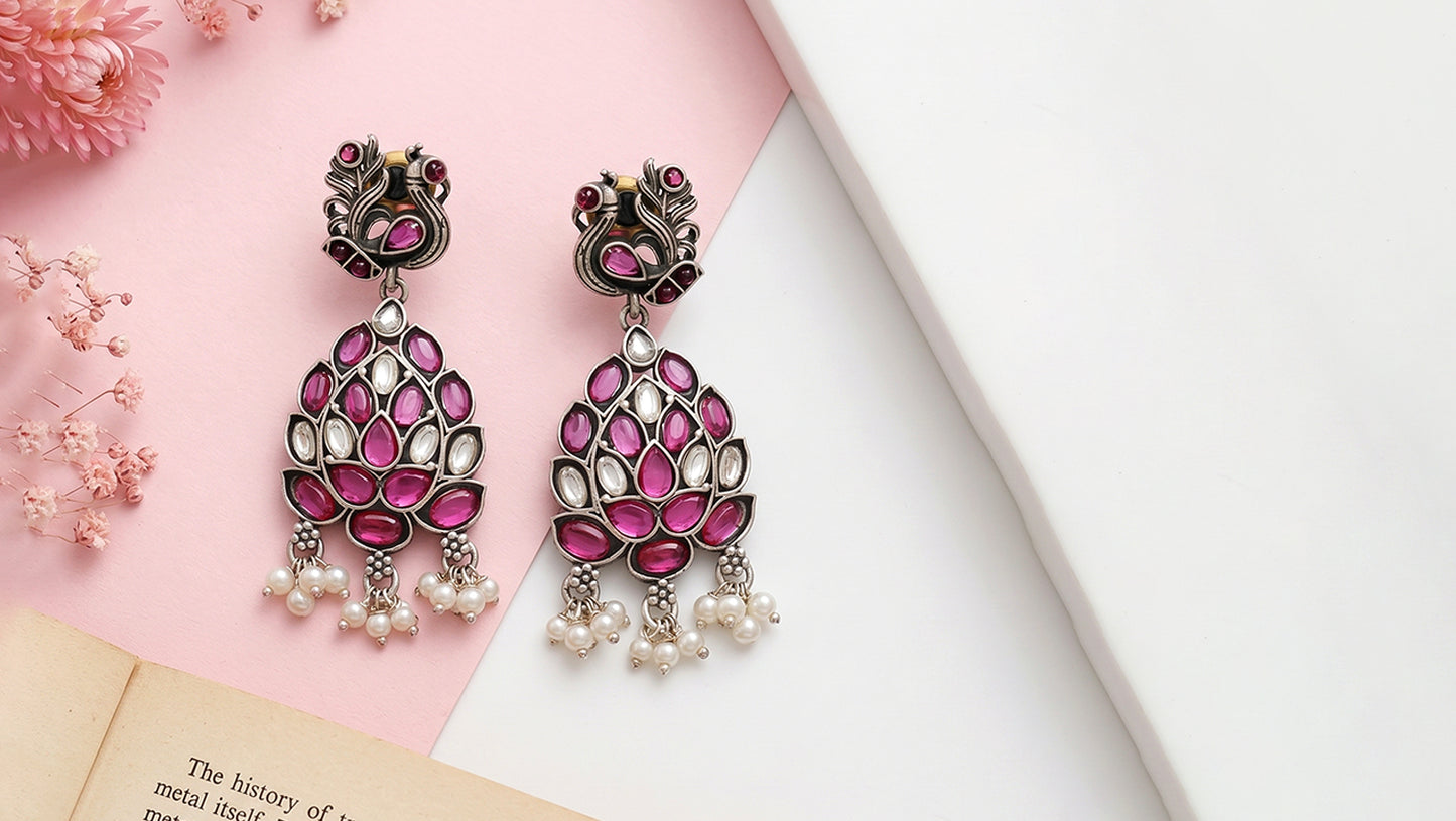 Heritage Peacock Silver Kundan Danglers