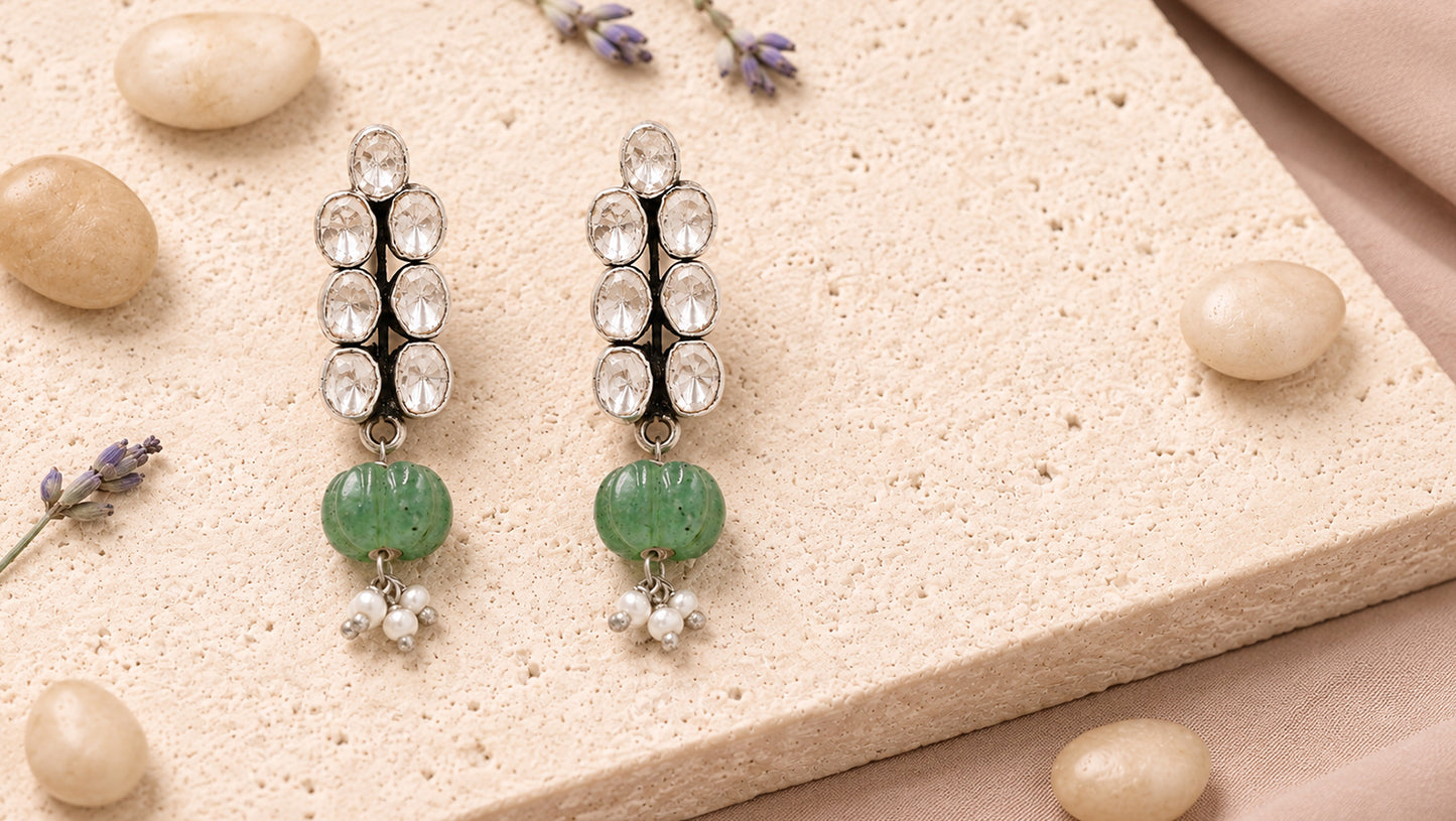 Sangeeta Boochra Artisan Silver Moissanite Earrings with Green Aventurine Drop